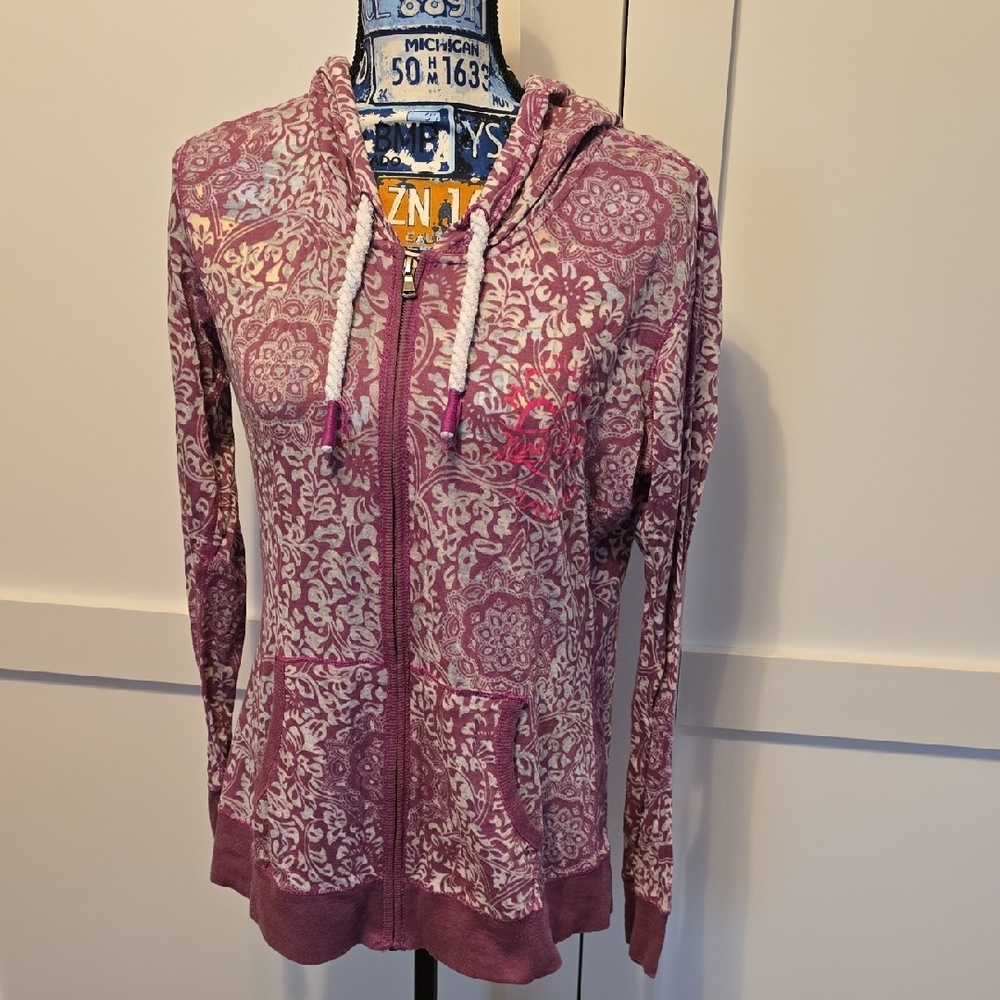 Pink and White Zippered Long Sleeve Hoodie